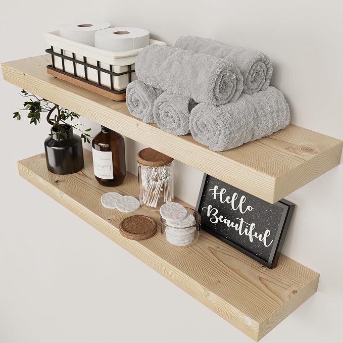 Solid Wood Floating Shelves for Wall 30 Inches Long, Natural Wood Shelf | Real Wood, Wooden Shelf Bathroom Large, Light Oak, Wall Mount, Kitchen Bedroom, Natural Oak Finish, 30W × 6.7D, Set of 2