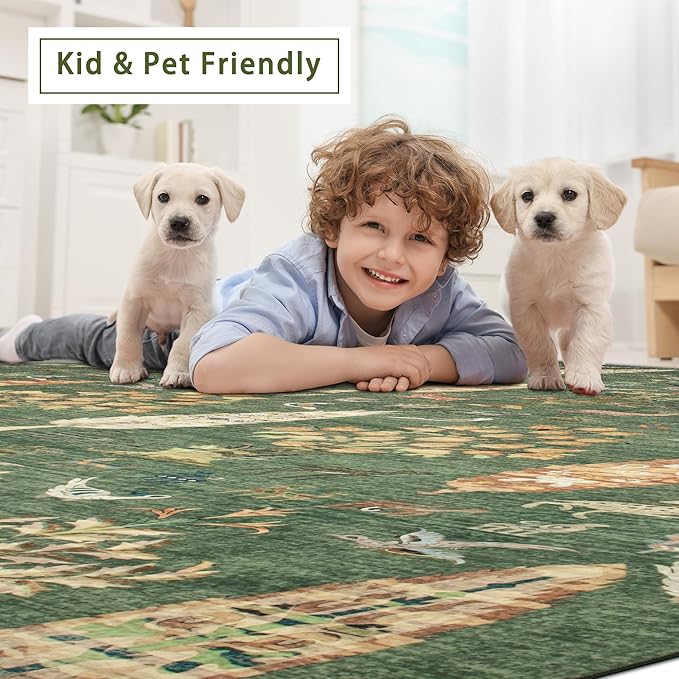 Srugn Washable Rugs 8x10 Area Rugs for Living Room,Bedroom,Dining Room- Large Ultra Soft Faux Wool Retro Carpet,Non Slip&Non-Shedding Low Pile Vintage Print Rug for Home Office Dorm-Grass Green