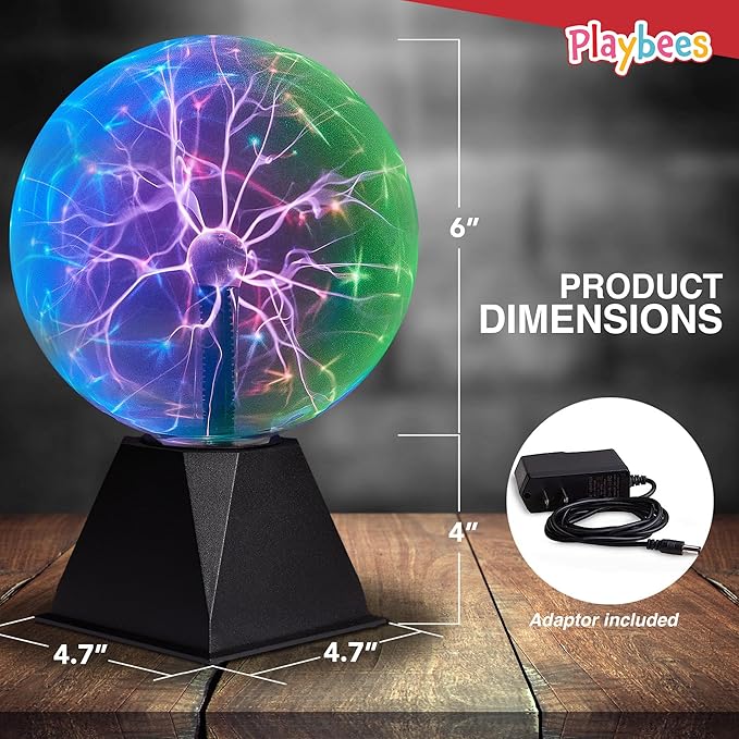 Playbees Colorful Plasma Ball 7-Inch – Tesla Coil Globe with Multicolor Lightning Effects, Plug-in Static Electricity Prop for Parties, Decorations, and STEM Learning