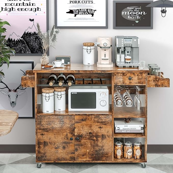IRONCK Rolling Kitchen Island Cart with Drop-Leaf and Wine Rack, Microwave Rack Serving Cart on Wheels with Drawer & Shelves & Spice Rack & Cup Hanging, Vintage Brown