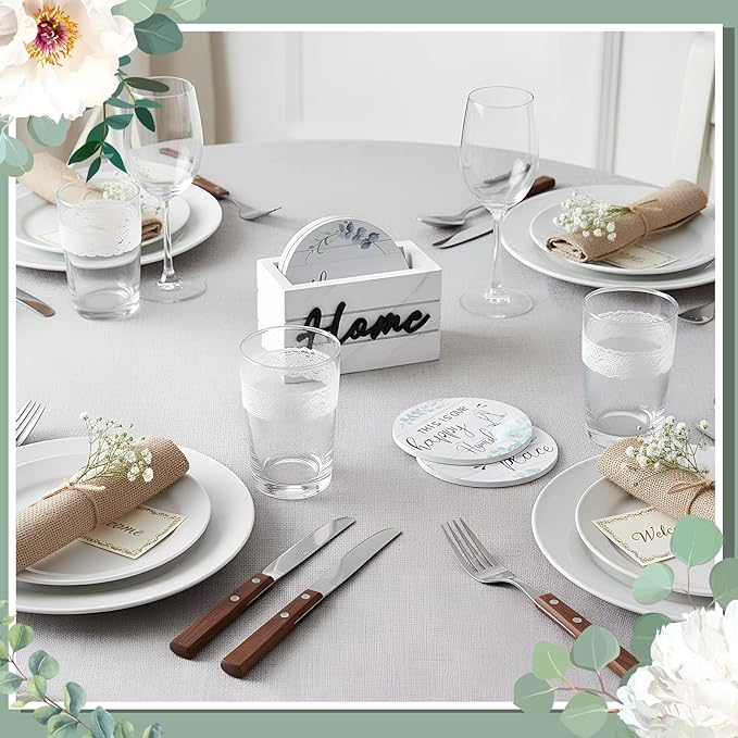 Queekay Coasters Set of 6 House Warming Gifts New Home Wooden Farmhouse Drink Coasters with Holder 4'' Funny Decoration for Kitchen Family Coffee Bar Tabletop Protection(Eucalyptus Leaf Color)