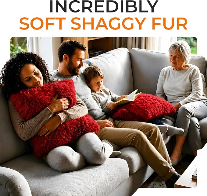 Cheer Collection Throw Pillows for Couch and Bed, Soft Shaggy Throw Pillows with Inserts Included, Cozy Long Hair Faux Fur Pillows - Set of 2-18" x 18" - Maroon