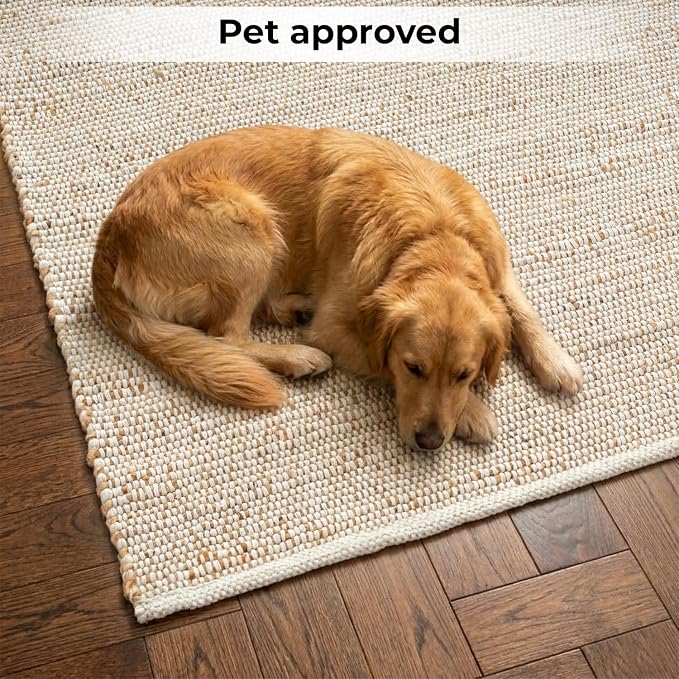 GRUHUM Jute Cotton Area Rug 5'x8' ft Rectangle Handwoven Natural Fabric Farmhouse Rug for Living Room, Bedroom Kitchen - Rustic Vintage Bohemian Eco-Friendly Carpet Home Décor 5x8 ft Natural Boho Rug