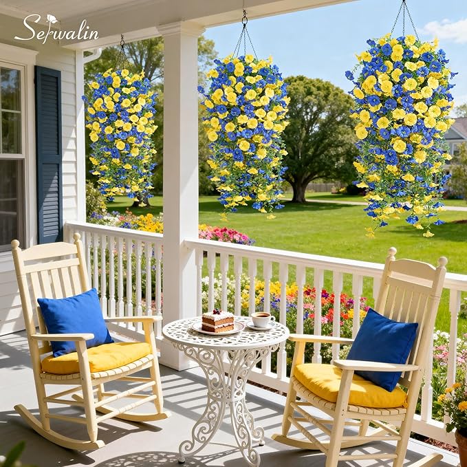 Serwalin Artificial Hanging Flowers for Outdoors Faux Plants, 4PCS Faux Morning Glory Fake Outdoor Flowers UV Resistant Realistic Silk Flower for Outside Planter Front Door Porch Patio Yard Decor