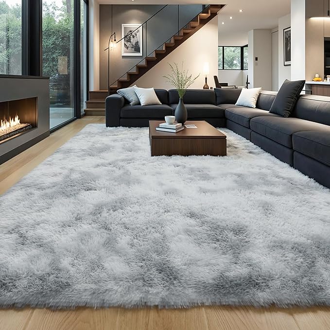 Grey Fluffy 8x10 Large Area Rugs for Bedroom Living Room, Tie-Dye Light Gray Soft Washable Shag Carpet for Kids Room, Nursery, Dorm Decor, Colorful Cute Plush Fuzzy Rugs for Baby Toddler