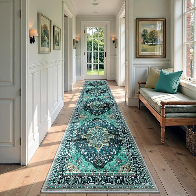 RELEANY Area Rugs 2'6''x10' Runner Rug Non Slip Washable for Kitchen Hallway Bedroom Beside Laundry Room Bathroom Rug, Floor Carpet, Teal Green Lake Blue Turquoise