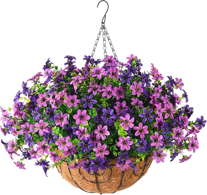 Artificial Flowers Fake Hanging Baskets for Outdoor Spring Summer Decoration, 12 Bundles Faux Hanging Plants UV Resistant, Realistic Silk Flowers for Outside Planters Porch Patio Balcony Yard Garden