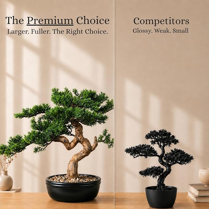 Artificial Bonsai Tree 16" Tall with Realistic Wood and Ceramic Pot, Fake Plants for Home, Bedroom and Office Desk, Japanese Decor