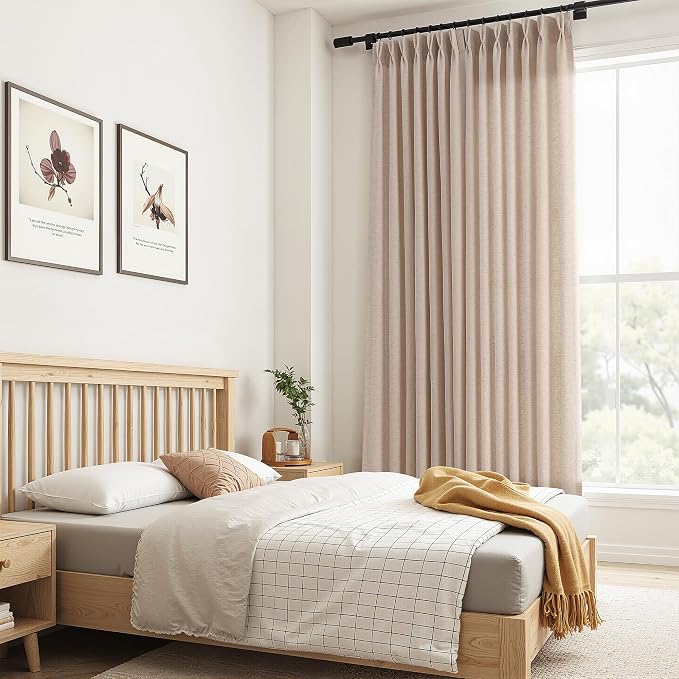 Guken Sand Beige Pinch Pleated Linen Curtains 96 Inches Long 2 Panels for Living Room Bedroom Boho Farmhouse Back Tab Privacy Light Filtering Semi Sheer Pinch Pleat Drapes with Hooks Rings 40x96
