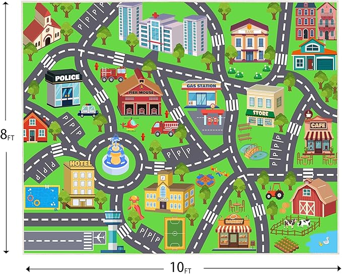 Kids Rugs for Playroom - Soft & Non-Slip 8x10 Feet Town City Map Road Rug Cars Play Mat, Childrens Road Catpet Washable Rug for Classroom Nursery Bedroom Boys