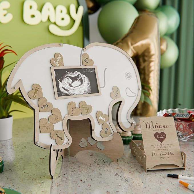 Elephant Baby Shower Guest Book Keepsake - Jungle Decorations Centerpiece - Gender Neutral Boy or Girl - Sonogram Ultrasound Frame Keepsake- Nursery Decor Photo Frame - Safari Shower Sign In Guestbook