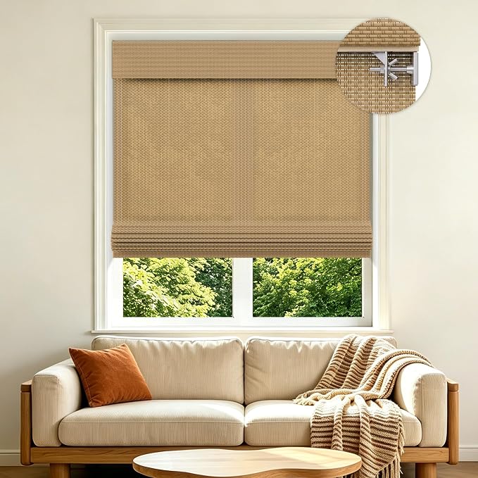 Allesin zen No Drill Cordless Bamboo Roman Shades, Light Filtering 24" W x 64" H, Brown