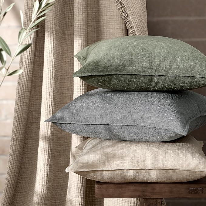 MIULEE Pack of 2 Thick Textured Couch Throw Pillow Covers, Olive Green Decorative Pillow Covers 18x18, Neutral Linen Cushion Cases for Sofa Bed Living Room Modern Farmhouse Home Decor, No Filling