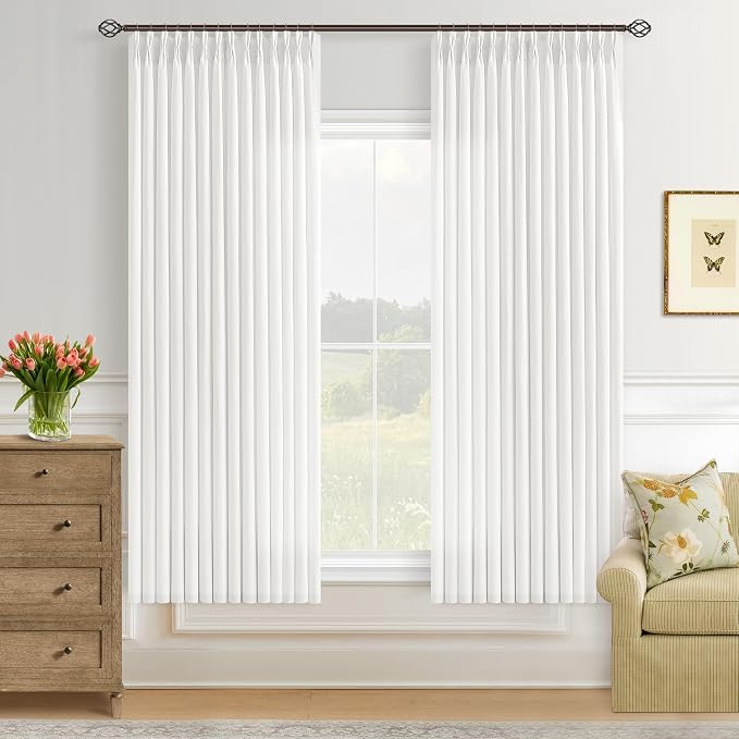 Ivory Off White Semi Sheer Pinch Pleated Linen Window Curtains | 54 Inch, Small, Light Filtering, Semi Sheer, Bay Window, Office, Burlap Textured, Memory Shape, Hook Rings, Boho Modern, Kids