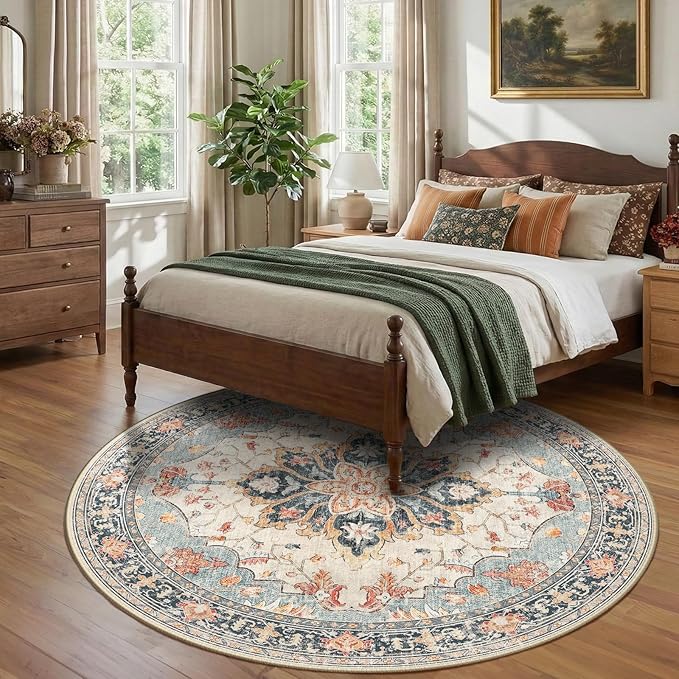 RELEANY 8ft Round Rug, Area Rugs 8ft, Washable Rug, Non-Slip, Rugs for Living Room for Bedroom, Circle , Vintage Rugs Boho Floral Medallion, Low Pile, Soft, Beige Dark Blue Navy Red