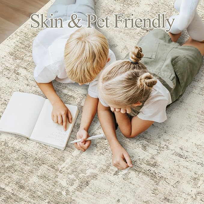 Soalmost 10x14 Area Rugs for Living Room, Non Slip Machine Washable Vintage Carpets, Low Pile Lightweight Large Rug for Bedroom, Dining Room, Home Office Beige Gray