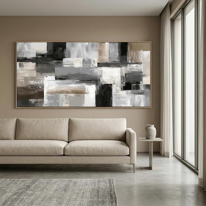 HUADAOART 20x40 Inch Large Framed Canvas Wall Art Modern Abstract Geometric Painting with Neutral Black Grey Beige Blocks Minimalist Textured Artwork Ready to Hang for Living Room Bedroom Home Office Decor