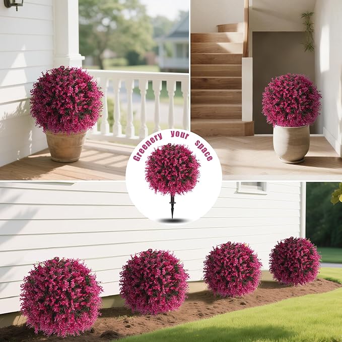 Yangrass Artificial Pink Eucalyptus Topiary Ball Trees with Ground Spike, Set of 2 UV Resistant Artificial Shrubs, Fake Evergreen Artificial Plant Bushes for Indoor Outdoor Front Porch Garden