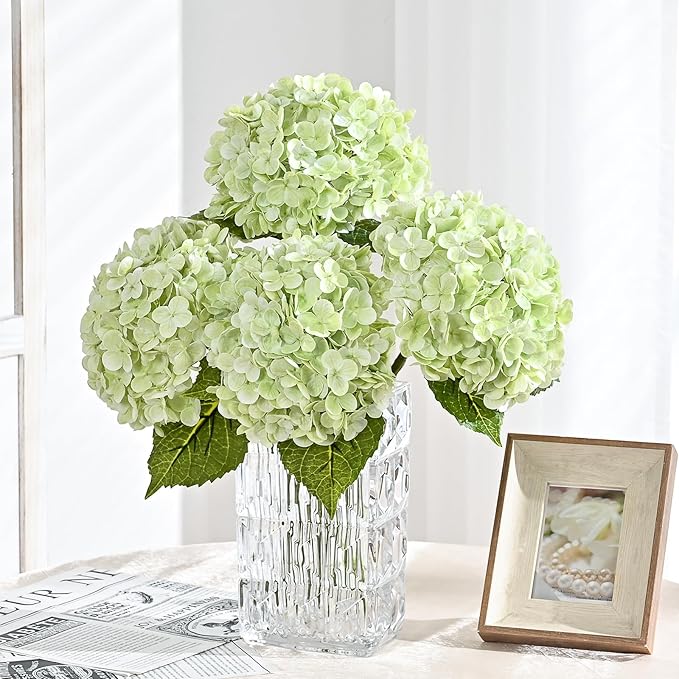 MARTINE MALL 2Pcs 21in Hydrangea Artificial Flowers, Latex Real Touch Hydrangeas Lifelike Large Hydrangea Flowers for Home Decor Party Arrangements Wedding Bouquets Centerpieces (Light Green)