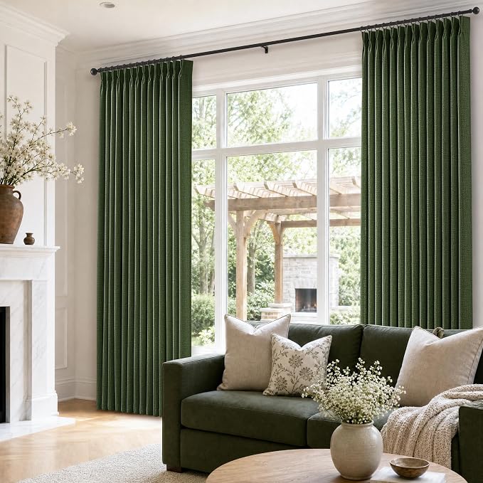 90 Inches Pinch Pleat Olive Green Curtains 2 Panels Semi Sheer Memory Trained Shaped Linen Textured Pleated Drapes for Track System Vintage Loden Back Tab Curtains for Bedroom Living Room 90 Inch Long