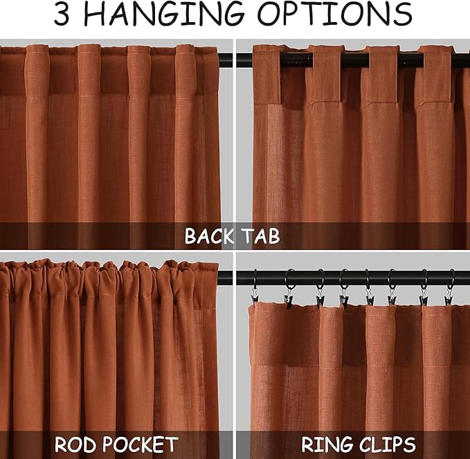 Nanspring Extra Wide Long Curtains for Living Room 108 Inches Long Back Tab Terracotta Linen Semi Sheer Rustic Farmhouse Boho Floor to Ceiling High Window Curtain for Bedroom Luxury 100x108, 2 Panels