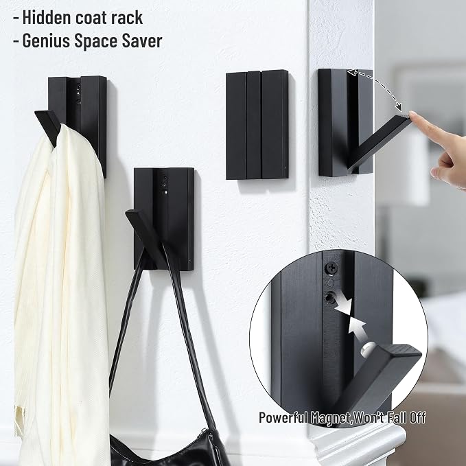 Folding Wall Hooks 4Pack: Black Modern Wooden Coat Hooks Mount for Heavy Duty Hanging Towels Backpack Bags Hats, Space Saving Minimalist Decorative Entryway Hanger for Aesthetic Homeowner
