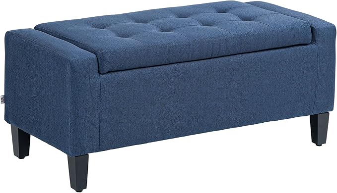 HOMCOM 36" Ottoman with Storage, Storage Ottoman Bench with Lift Top and Rubberwood Legs, Linen Upholstered Entryway Seat with for Living Room, Bedroom, Holds up to 330 lb, Dark Blue