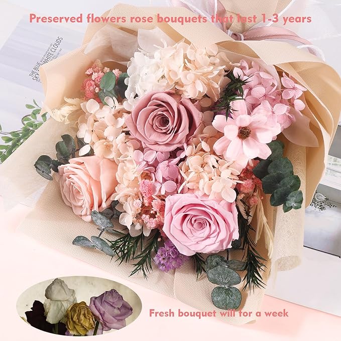 Flowers for Delivery Prime Preserved Flowers Bouquet That Last 3-5 Years Real Forever Roses Bouquet Mothers Day for Mom Mother Women Wife Girlfriend Anniversary Birthday Gifts for Mom(Pink)
