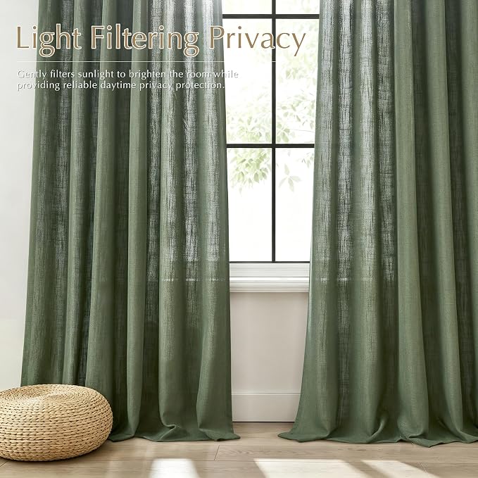 Olive Green Trible Pinch Pleat Linen Curtains for Living Room 2 Panel Set 40x120