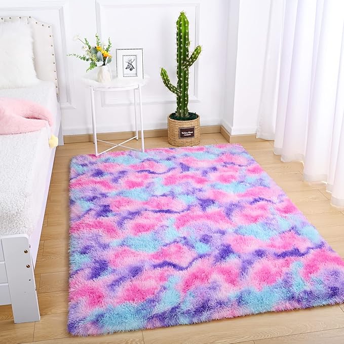 AROGAN Soft Rainbow Area Rugs for Girls Room 4x6 Feet, Fluffy Bedroom Rugs, Princess Rug, Cute Colorful Carpet for Kids Teens Nursery Toddler, Hot Pink