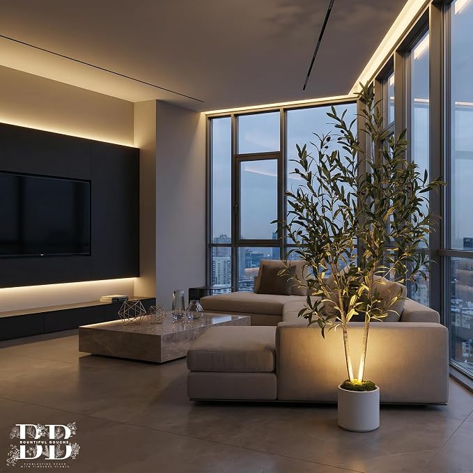 5ft Lifelike Artificial Olive Tree with Light, White Pot, Moss & LED | 711 Vein-Detailed Leaves, 40 Olives · 4ft Wired USB LED with Switch · Moss Included · Shapeable Branches · Zero Maintenance