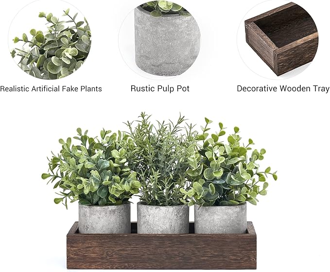 Dahey 3 Pack Mini Potted Artificial Eucalyptus Fake Plants with Wood Tray Centerpiece Table Decorations, Farmhouse Pulp Flower Pots Greenery Home Decor for Coffee Table Dining Room Office Kitchen
