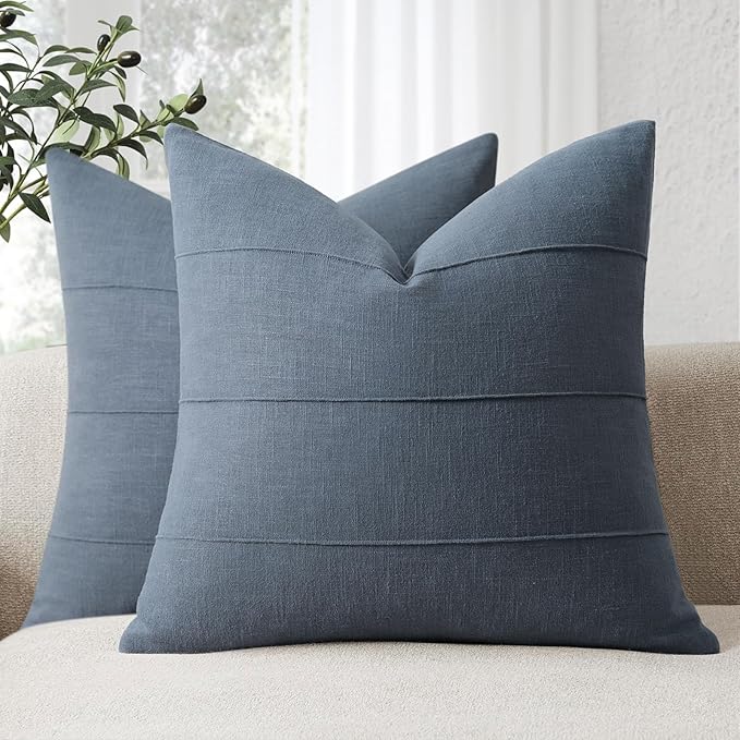 ZWJD Decorative Linen Throw Pillow Covers 16x16 Set of 2 Solid Handcrafted Striped Cushion Covers for Bed Soft Modern Farmhouse Neutral Pillowcase for Couch Bedroom Living Room Home Decor(Slate Blue)