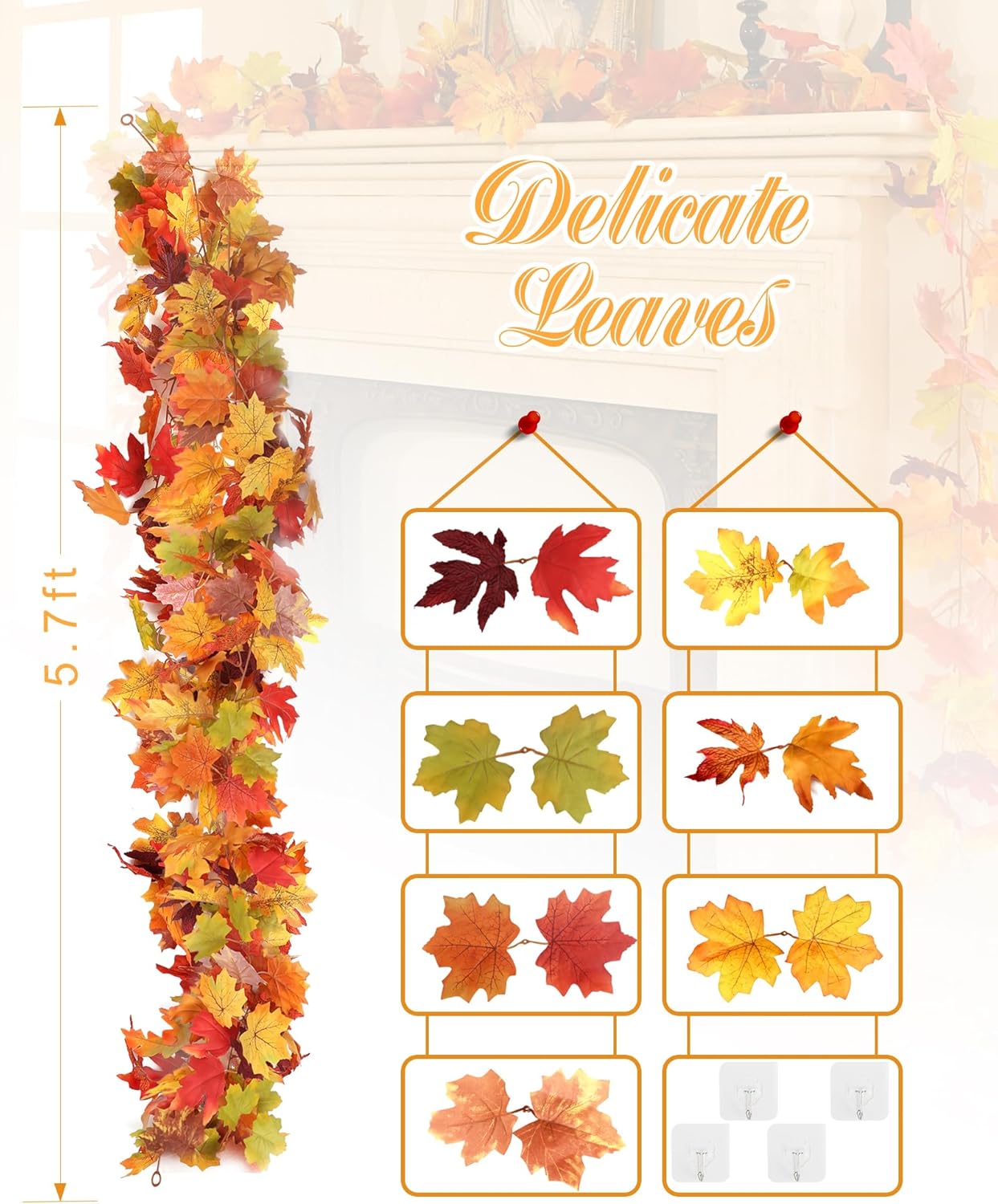 Joyhalo 2 Pack Fall Leaves Garland for Mantle, Autumn Leaf Garland Indoor Outdoor Fall Decor, Hanging Maple Leaves for Mantle, Door Frame, Fireplace and Thanksgiving Decor