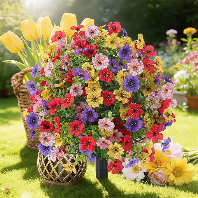 Alupssuc 2Pcs 20" Artificial Topiary Ball Flowers, Spring Outdoor Decoration with Spike, UV Resistant Faux Summer Plants, Faux Bushes Plants, Red Deep Purple Yellow Pink for Garden, Porch Decor