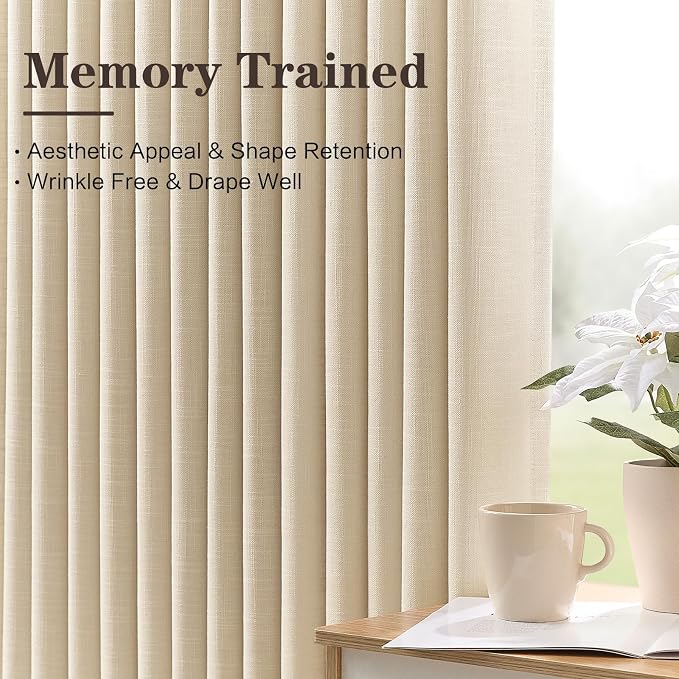 Pinch Pleated Linen Curtains 96 Inches Long for Living Room, Sand Beige Light Filtering Pleat Drapes Textured Thick Ceiling Semi-Sheer Window Curtain with Hooks for Bedroom Farmhouse, 2 Panels