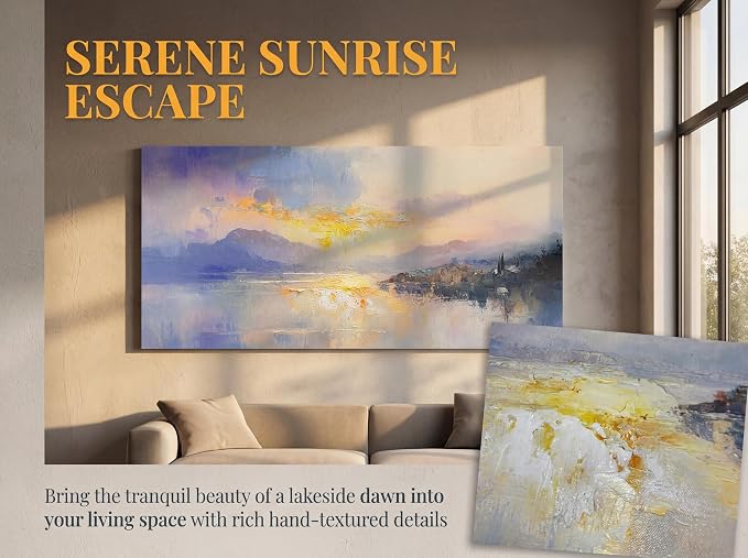 Ardemy Sunrise Lake Canvas Wall Art 40"x20"- Misty Morning Mountain Landscape with Lakeside Cabin, Hand-Textured Soft Glow Picture for Living Room Bedroom Home Office Decor
