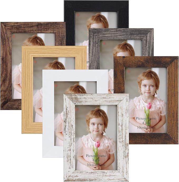PETAFLOP 4x6 Frame Set of 7, 4x6 Picture Frame in Multi Colors, Rustic Wooden Frames for Tabletop and Wall Mounting Display