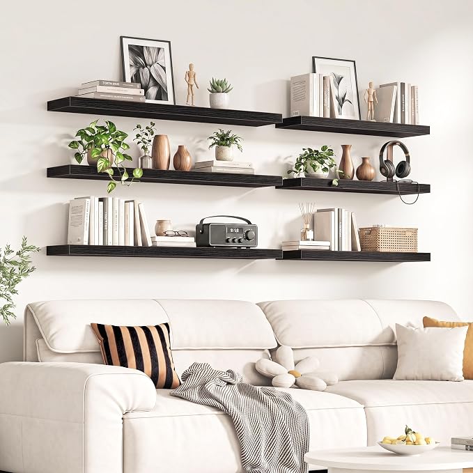 Fun Memories 32Inch Floating Shelves for Wall, 8 Inch Deep Shelves for Bathroom|Bedroom|Kitchen Wall Mounted, Wood Hanging Shelf with Invisible Brackets for Home Storage Decor, Black - 2 Pack