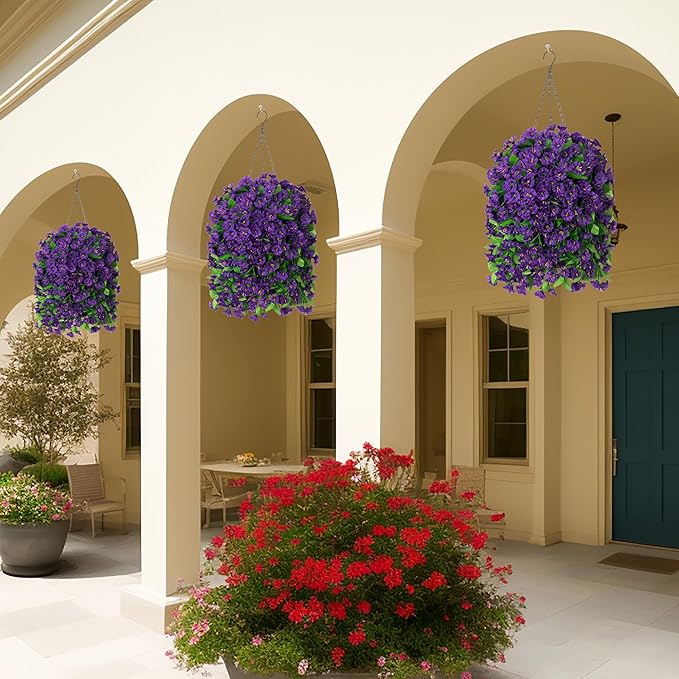 Ammyoo Artificial Faux Hanging Flowers Basket for Spring Summer Outdoor Porch Decor, Fake Silk Colorful Morning Glory Eucalyptus in Planter UV Resistant Look Real for Home Balcony Yard(Dark Purple)