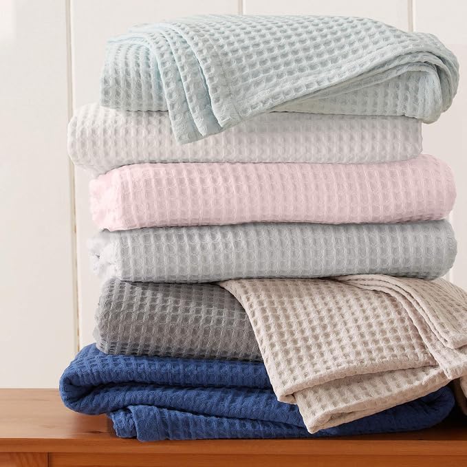 100% Cotton Blue Blanket Full/Queen Size for Bed - Breathable and Soft, Waffle Weave for Summer Spring, 90x90 Inches (Pale Blue)