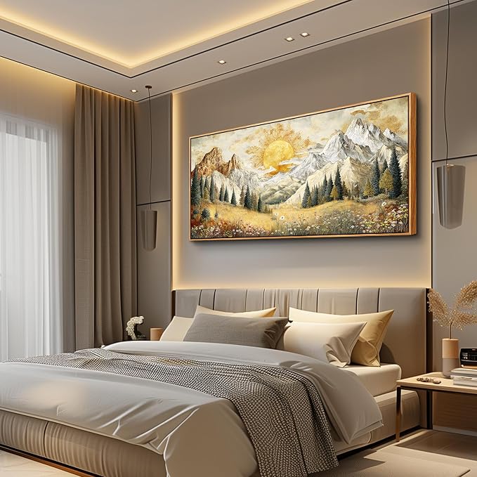 XIGUANGART Framed Canvas Wall Art Vintage Decor, Mountain Wall Art, Meadow with Flowers Forest Art, Modern Farmhouse Decor, Living Room Pictures paintings,Landscape Bedroom Office Decorations, 20"x40"