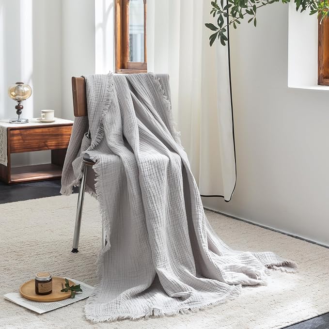 FOSSA Muslin Blanket 4-Layer 100% Cotton Gauze Blanket with Fringe 90"x90" | Super Soft Breathable Lightweight All Season & Decorative Blanket or Bed, Sofa, Office (Grayish,Queen)