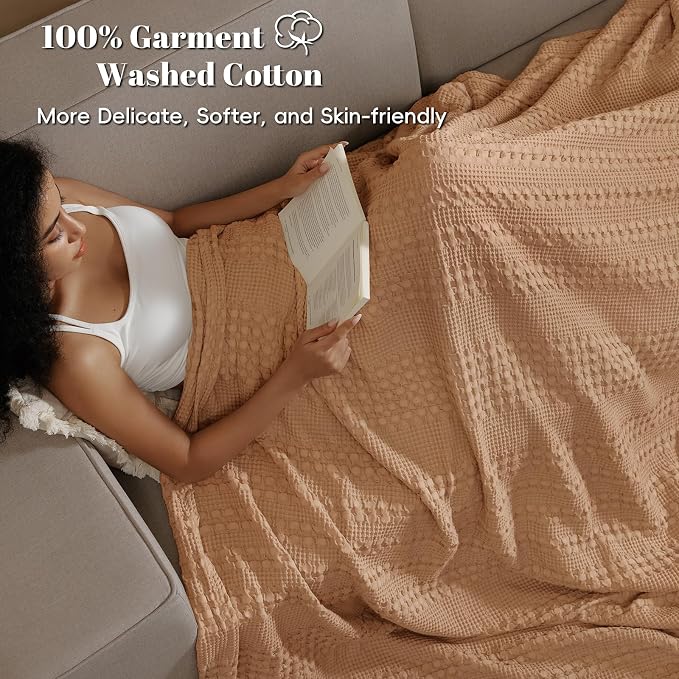 PHF 100% Cotton Waffle Blanket Queen Size for Bed, Lightweight Breathable and Soft for Summer, Luxury Aesthetic Waffle Weave Blanket for Home Decor & Gifts for Women, 90"x90", Clay