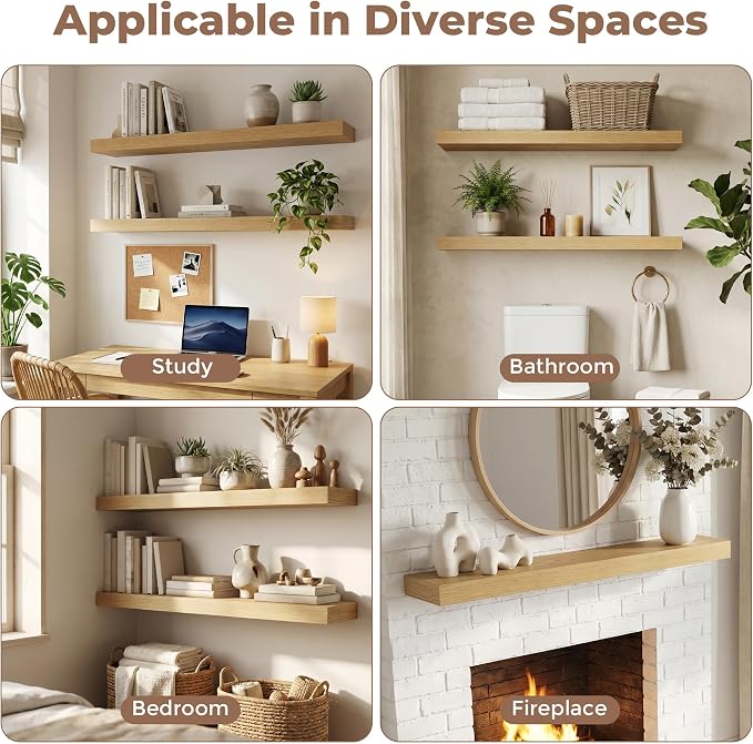 55 Inch Floating Shelves for Wall, 8"D Wood Storage Shelves, Oak Finish | Engineered Wood, Invisible Bracket, Large Storage, Easy Install, Hold Up to 88lbs, Living Room, Bathroom, Bedroom, Kitchen