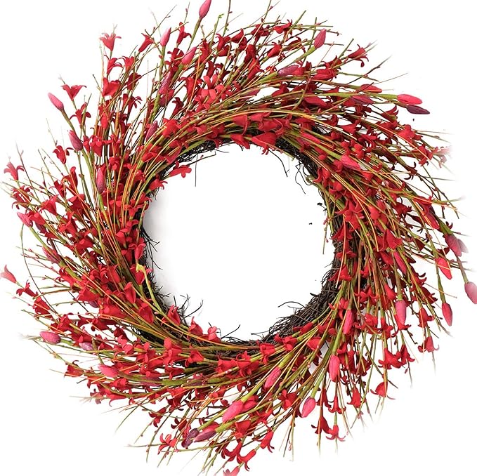 Bibelot 18inch Artificial Forsythia Flower Wreath, All Year Around Wreath for Front Door, Wedding Window Home Wall Indoor Front Door Decor (red, 18in)
