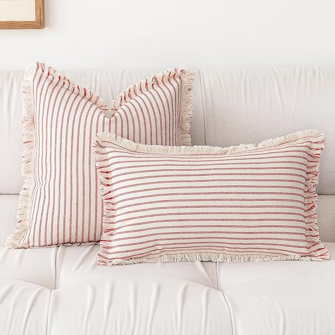 YEENAASY Throw Pillow Covers 26x26 Set of 2 Striped Fringe Pillow Cover Farmhouse Cushion Covers with Tassel Neutral Boho Pillows Decorative Square Pillowcase for Couch Sofa Bed, Red