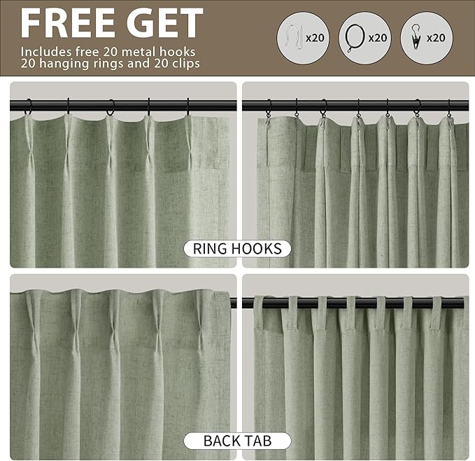 Sage Green Pinch Pleated Linen Curtains 102 Inches Long 2 Panels for Living Room Bedroom Country Elegant Farmhouse Back Tab Privacy Light Filtering Semi Sheer Pleated Drapes with Hooks Rings 40x102