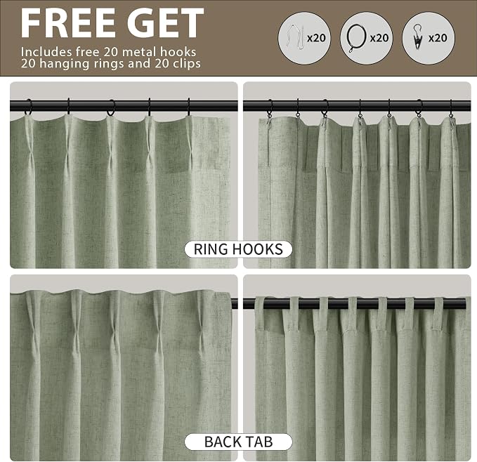 Sage Green Pinch Pleated Linen Curtains 96 Inch Length 2 Panels for Living Room Bedroom Elegant Country Farmhouse Privacy Light Filtering Semi Sheer Back Tab Drapes with Hooks for Dining Room 40x96