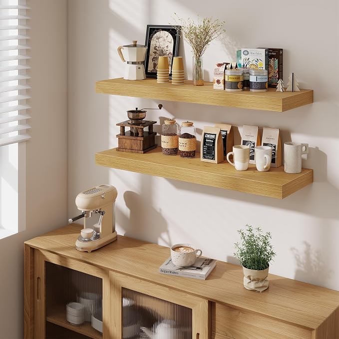 Fun Memories Floating Shelves for Wall, 40 Inch Floating Shelf for Home Decor, Wall Mounted Rustic Wood Shelves 12 Inch Deep, Hanging Deep Shelf for Bedroom, Living Room, Kitchen, Oak, Set of 2